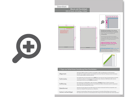 Product Bild block_mit_leimbindung_und_deckblatt__din_a5__10_blatt__4_0_farbig_einseitig_bedruckt